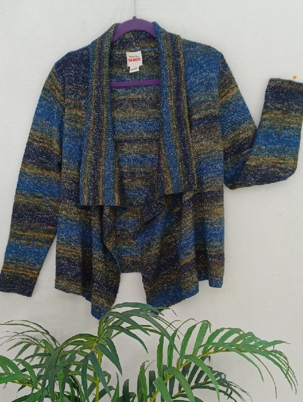 Ruby Rd. Blue and Gold Striped Draped Open-Front Cardigan